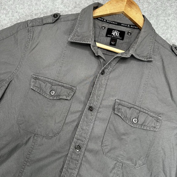 ROCK & REPUBLIC Mens Shirt Short Sleeve Gray Classic Fit Button Utility Large - Picture 1 of 9